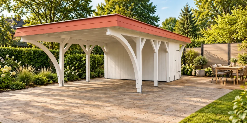 Weißer Holzcarport mit Abstellraum neben einer Holzterrasse mit Sitzbereich und Sichtschutz.